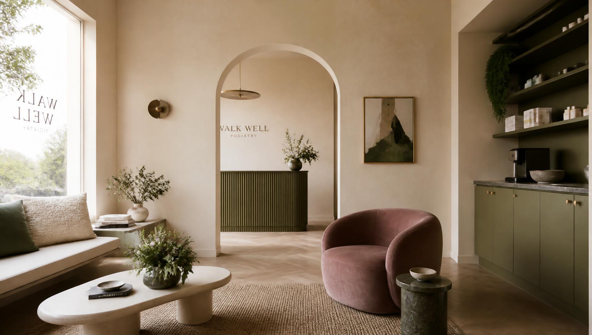 Ruhiger, heller Praxisraum in Beige- und Altrosatönen